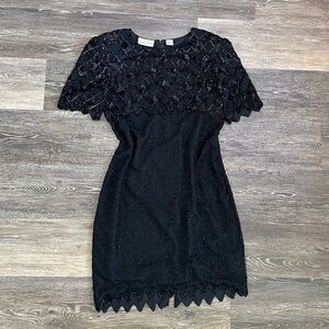 VTG Laurence Kazar Black Beaded Silk Cocktail Dress Size L 80s 90s Goth
